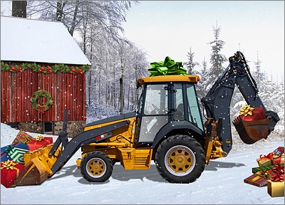 Backhoe Presents Christmas Card (Glossy White)